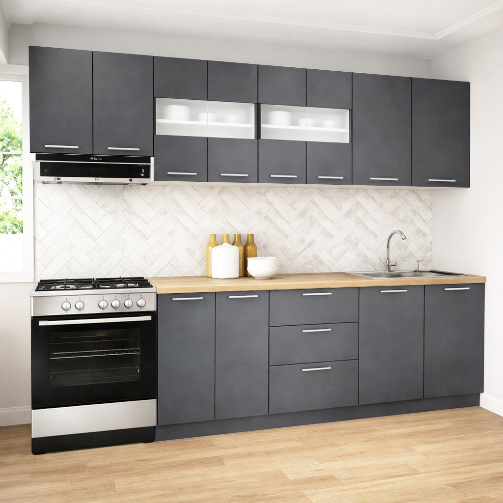 Mobilier de Bucătărie Set cu soft-close, Germania, 260cm, corpuri inalte, blat gros, Antracit