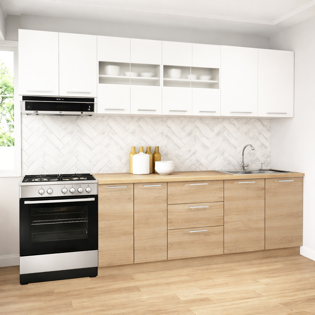 Mobilier de Bucătărie Set cu soft-close, Germania, 260cm, corpuri inalte, blat gros, Sonoma/Alb