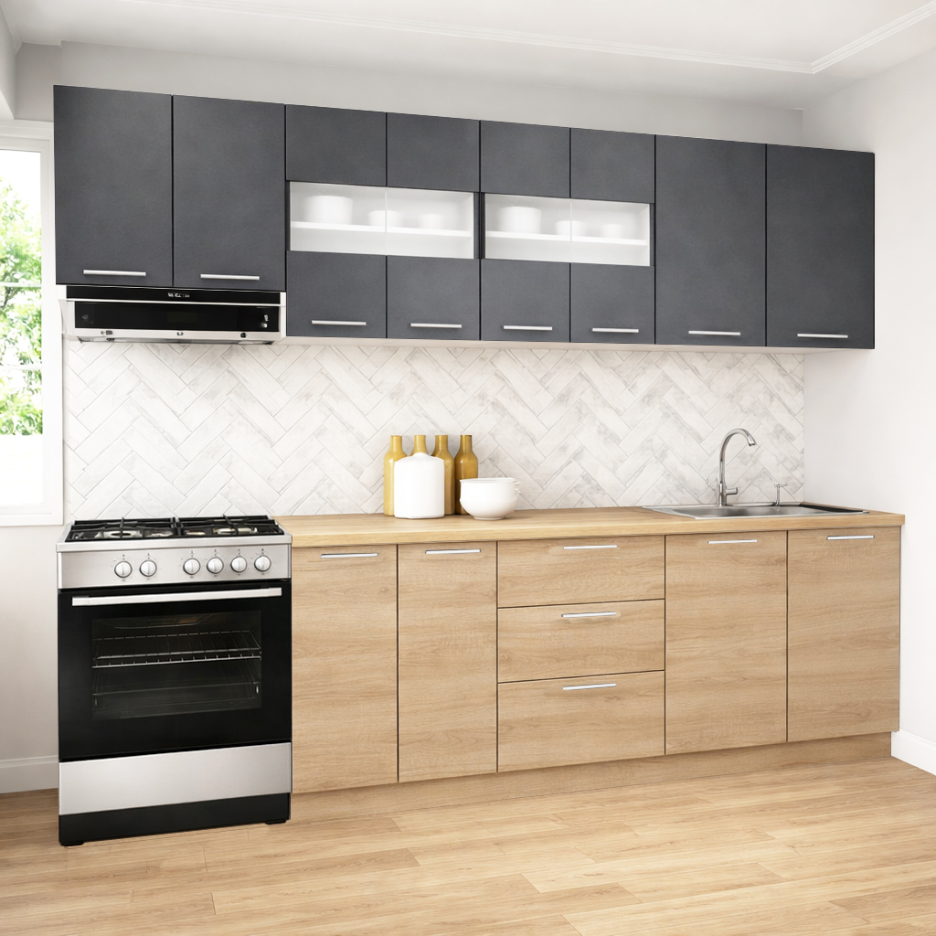 Mobilier de Bucătărie Set cu soft-close, Germania, 260cm, corpuri inalte, blat gros, Sonoma/Antracit