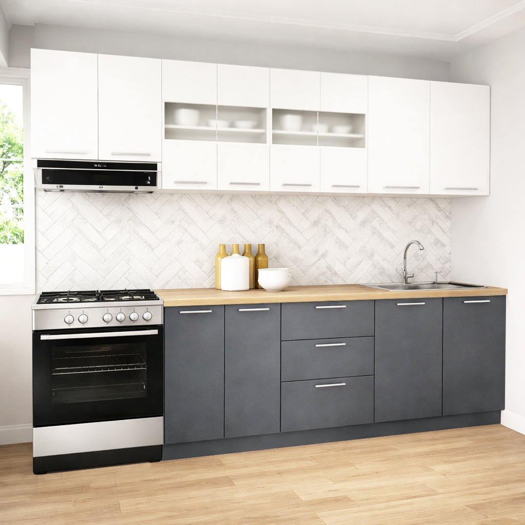 Mobilier de Bucătărie Set cu soft-close, Germania, 260cm, corpuri inalte, blat gros, Antracit/Alb