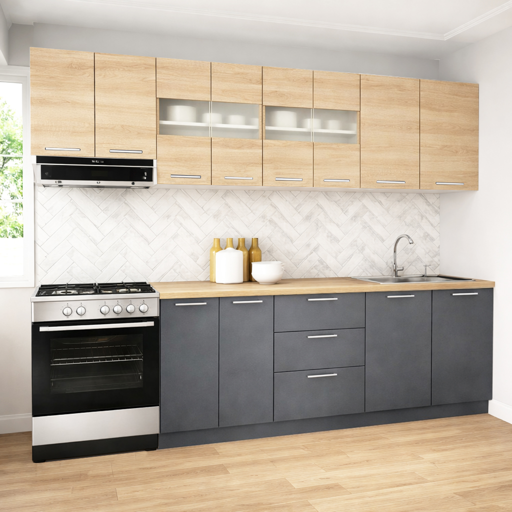 Mobilier de Bucătărie Set cu soft-close, Germania, 260cm, corpuri inalte, blat gros, Antracit/Sonoma