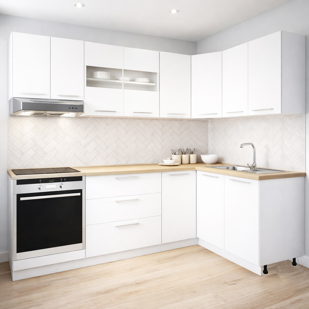Mobilier de Bucătărie Set cu soft-close, Germania, 240x140cm, colț, corpuri inalte, blat gros, corp cuptor, Alb