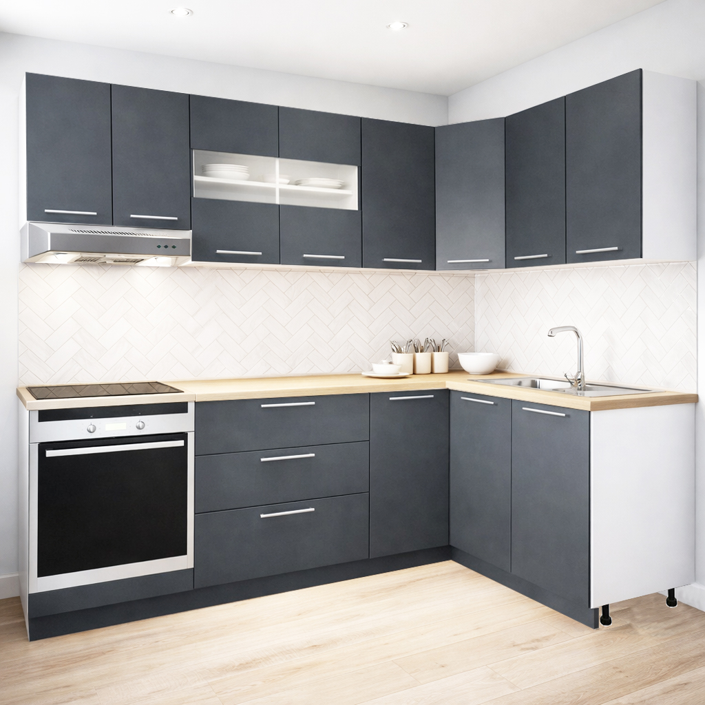 Mobilier de Bucătărie Set cu soft-close, Germania, 240x140cm, colț, corpuri inalte, blat gros, corp cuptor, Antracit