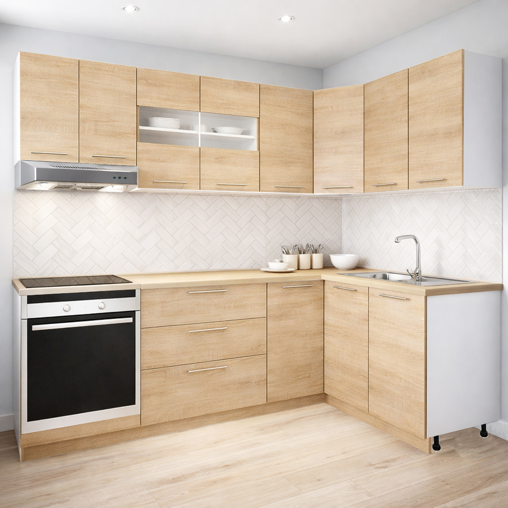 Mobilier de Bucătărie Set cu soft-close, Germania, 240x140cm, colț, corpuri inalte, blat gros, corp cuptor, Sonoma