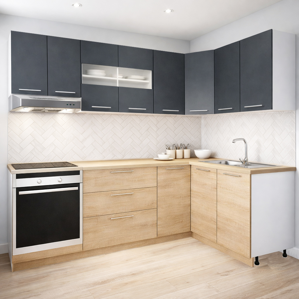 Mobilier de Bucătărie Set cu soft-close, Germania, 240x140cm, colț, corpuri inalte, blat gros, corp cuptor, Sonoma/Antracit