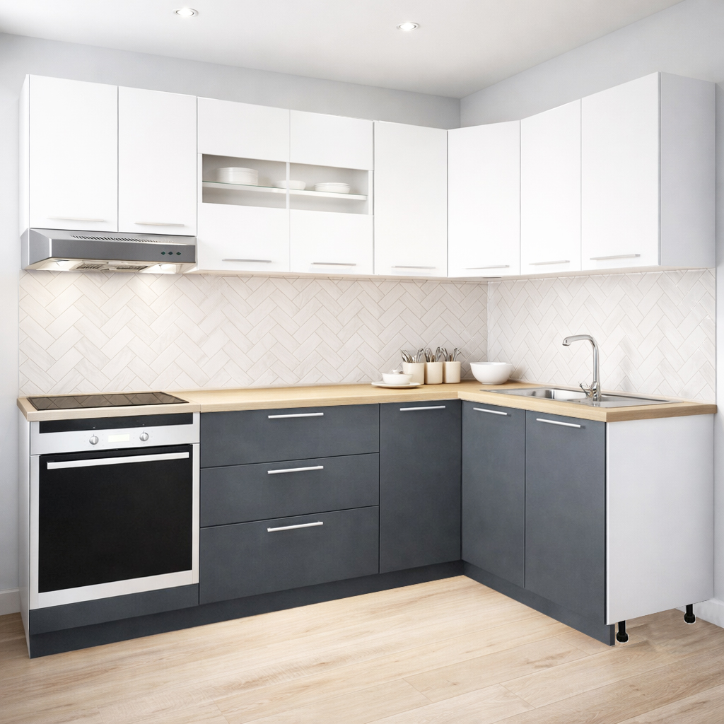 Mobilier de Bucătărie Set cu soft-close, Germania, 240x140cm, colț, corpuri inalte, blat gros, corp cuptor, Antracit/Alb