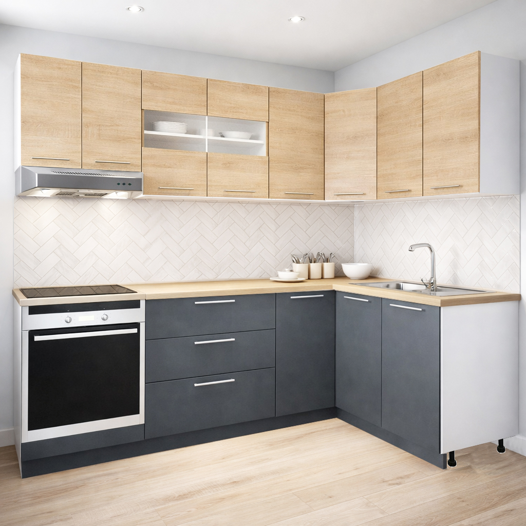 Mobilier de Bucătărie Set cu soft-close, Germania, 240x140cm, colț, corpuri inalte, blat gros, corp cuptor, Antracit/Sonoma