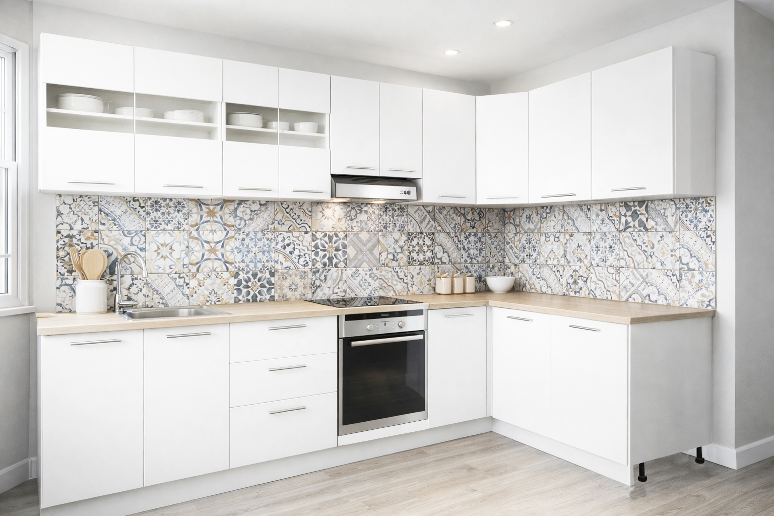 Mobilier de Bucătărie Set cu soft-close, Germania, 300x140cm, colț, corpuri inalte, blat gros, corp cuptor, Alb