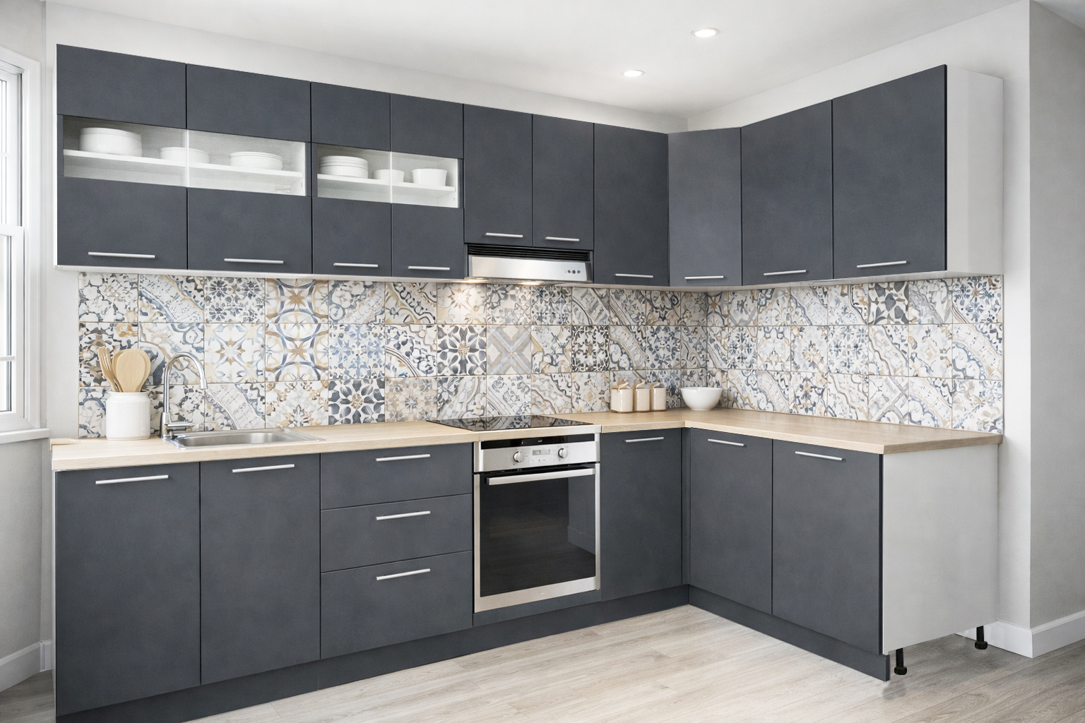 Mobilier de Bucătărie Set cu soft-close, Germania, 300x140cm, colț, corpuri inalte, blat gros, corp cuptor, Antracit