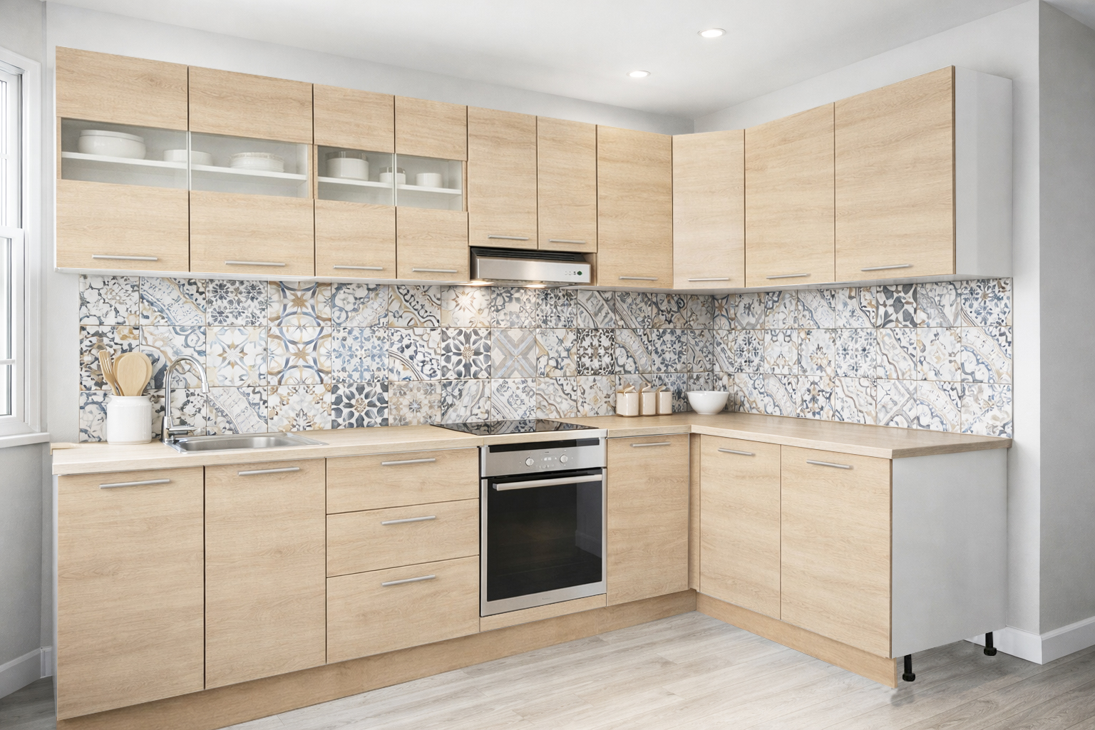 Mobilier de Bucătărie Set cu soft-close, Germania, 300x140cm, colț, corpuri inalte, blat gros, corp cuptor, Sonoma