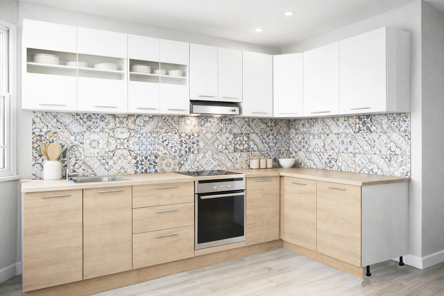 Mobilier de Bucătărie Set cu soft-close, Germania, 300x140cm, colț, corpuri inalte, blat gros, corp cuptor, Sonoma/Alb