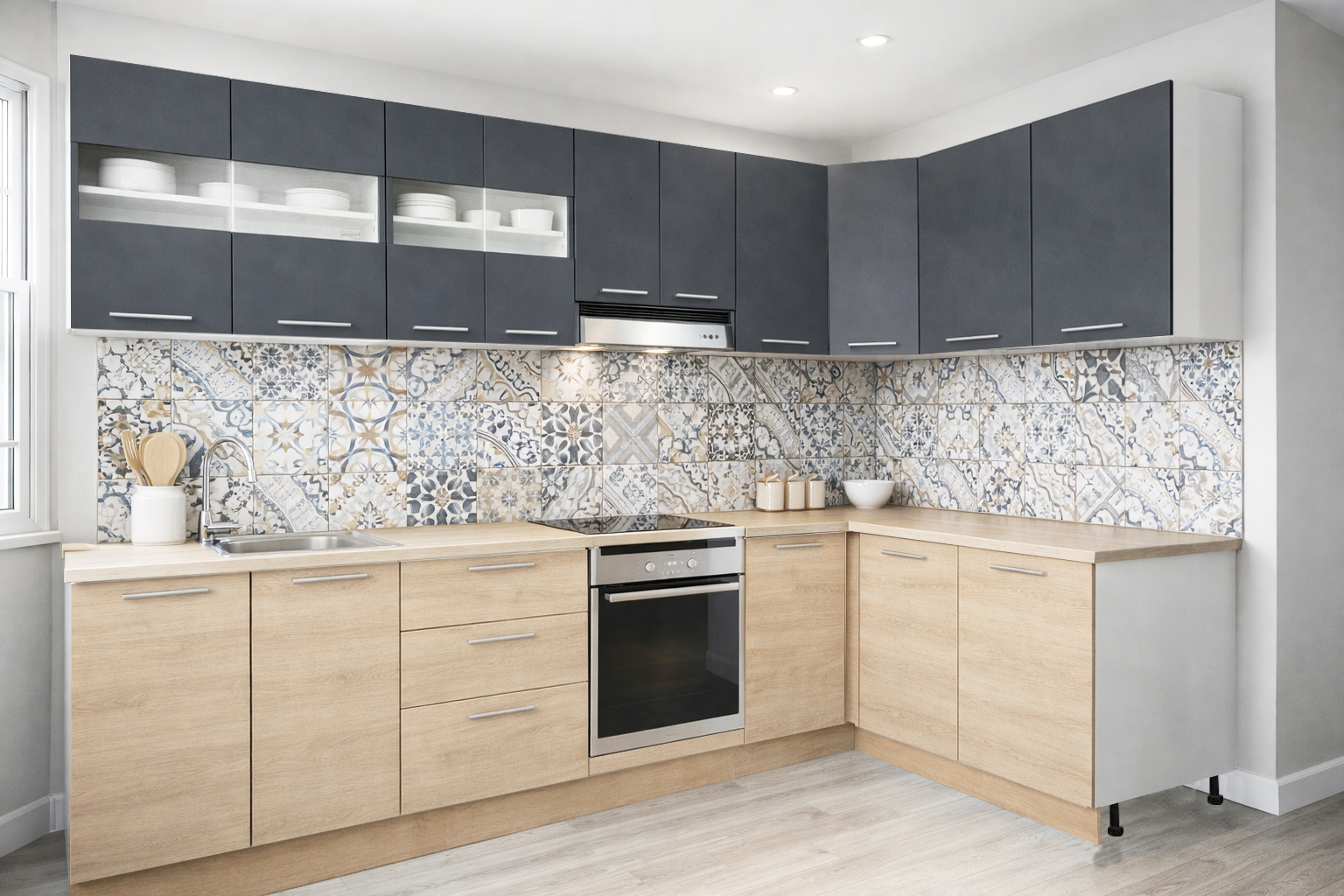 Mobilier de Bucătărie Set cu soft-close, Germania, 300x140cm, colț, corpuri inalte, blat gros, corp cuptor, Sonoma/Antracit