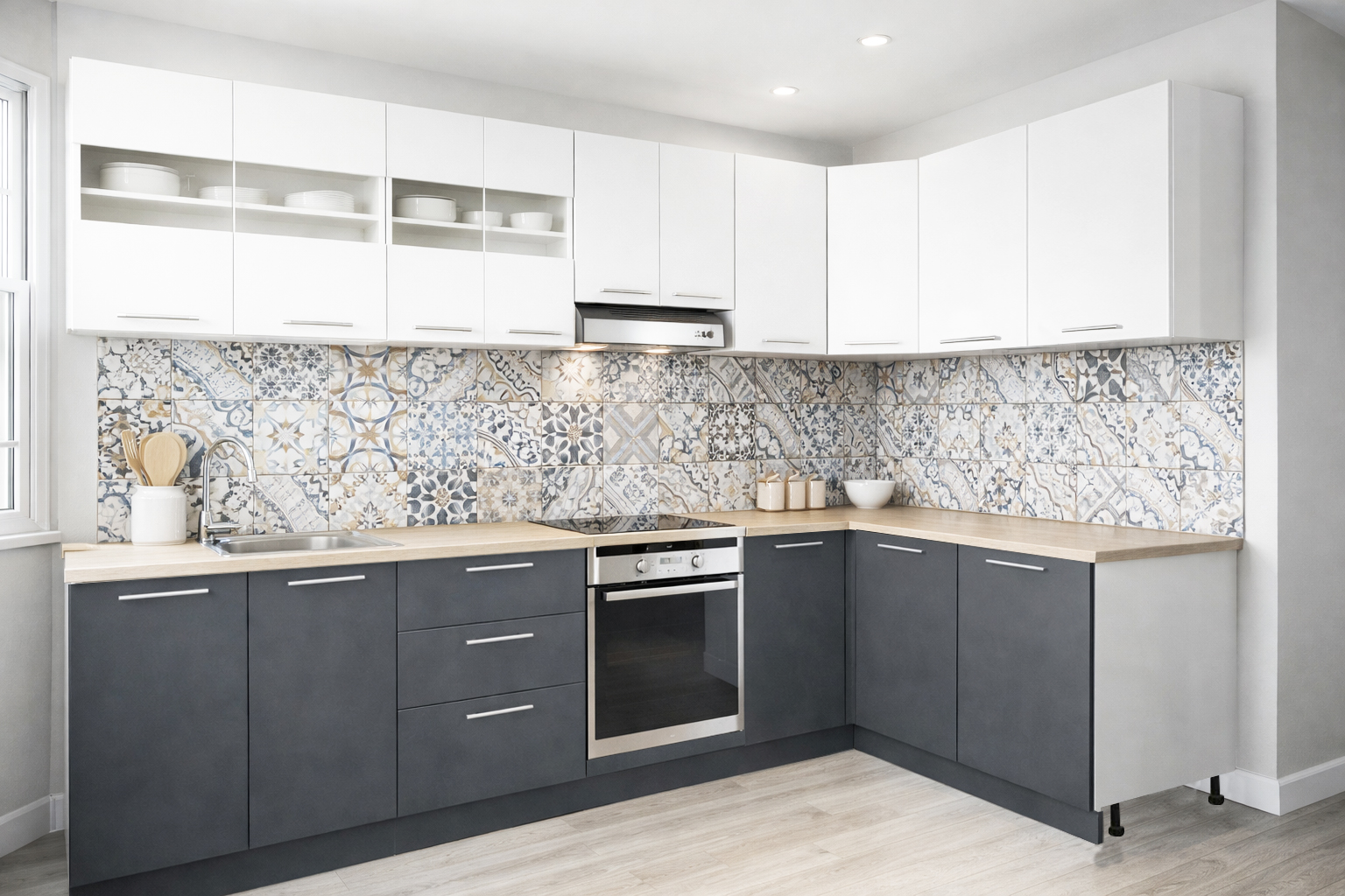 Mobilier de Bucătărie Set cu soft-close, Germania, 300x140cm, colț, corpuri inalte, blat gros, corp cuptor, Antracit/Alb