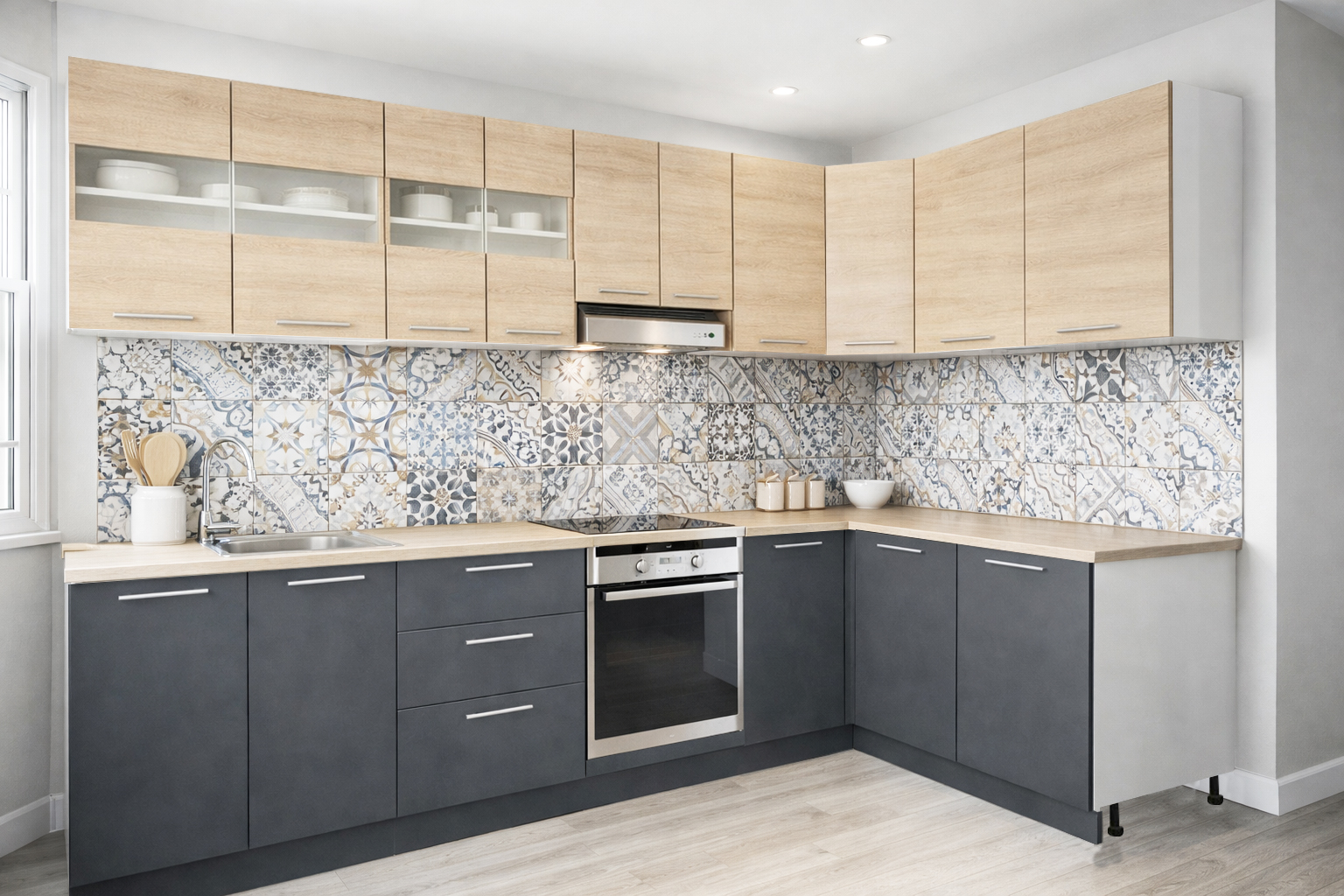 Mobilier de Bucătărie Set cu soft-close, Germania, 300x140cm, colț, corpuri inalte, blat gros, corp cuptor, Antracit/Sonoma