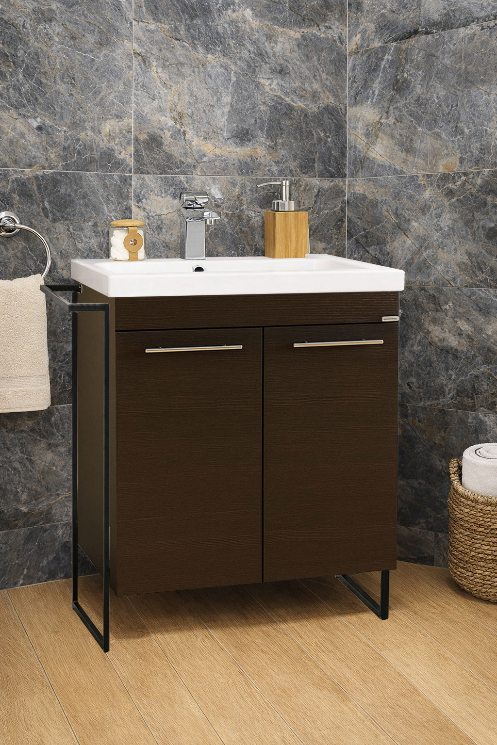 Mobilier Baie MDF și lavoar, Seria 754, Cadru Metalic, 60cm, Wenge