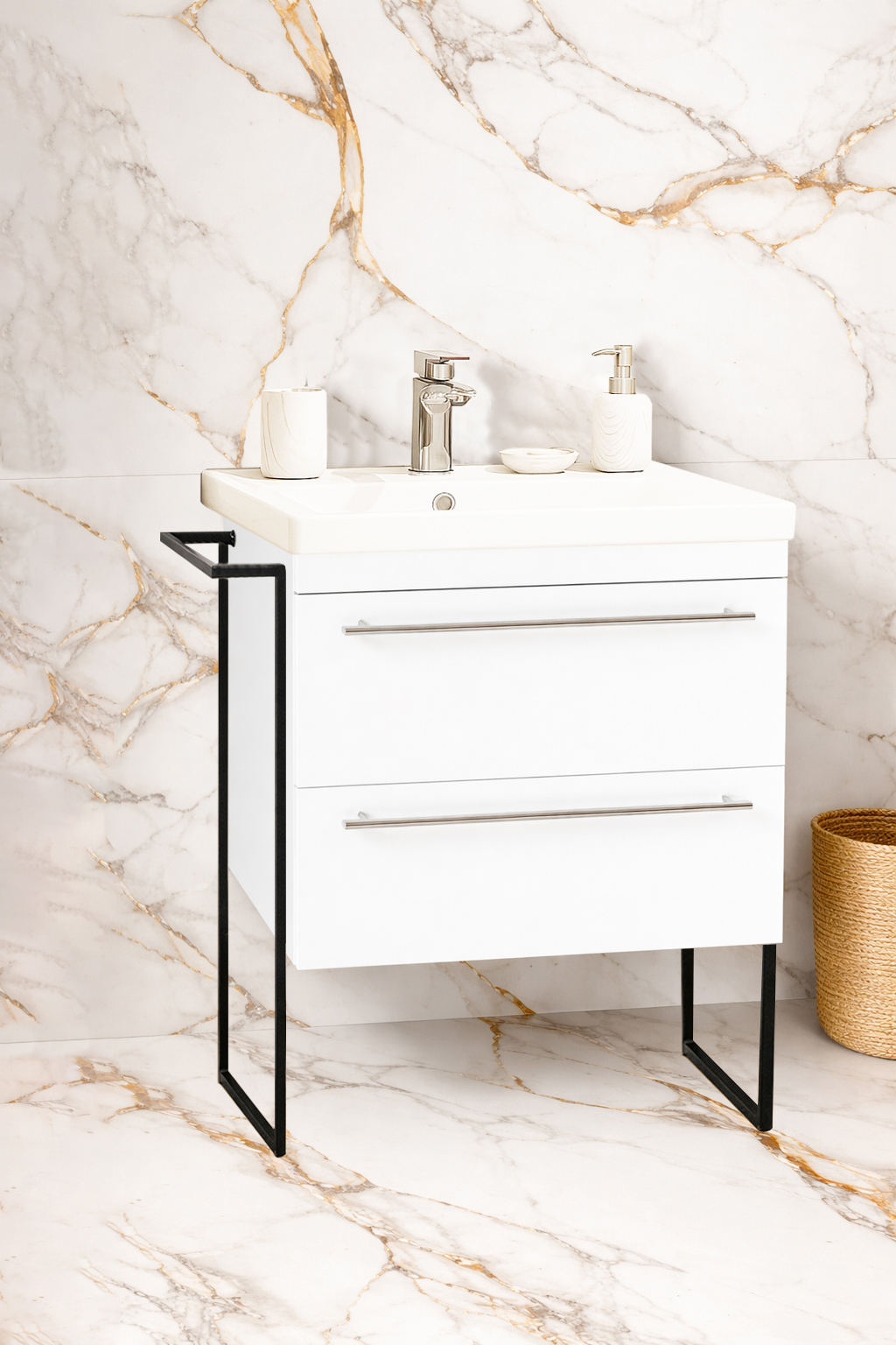 Mobilier Baie MDF Kit și lavoar, Seria 754, Cadru Metalic, cu Sertare, 60cm, Alb