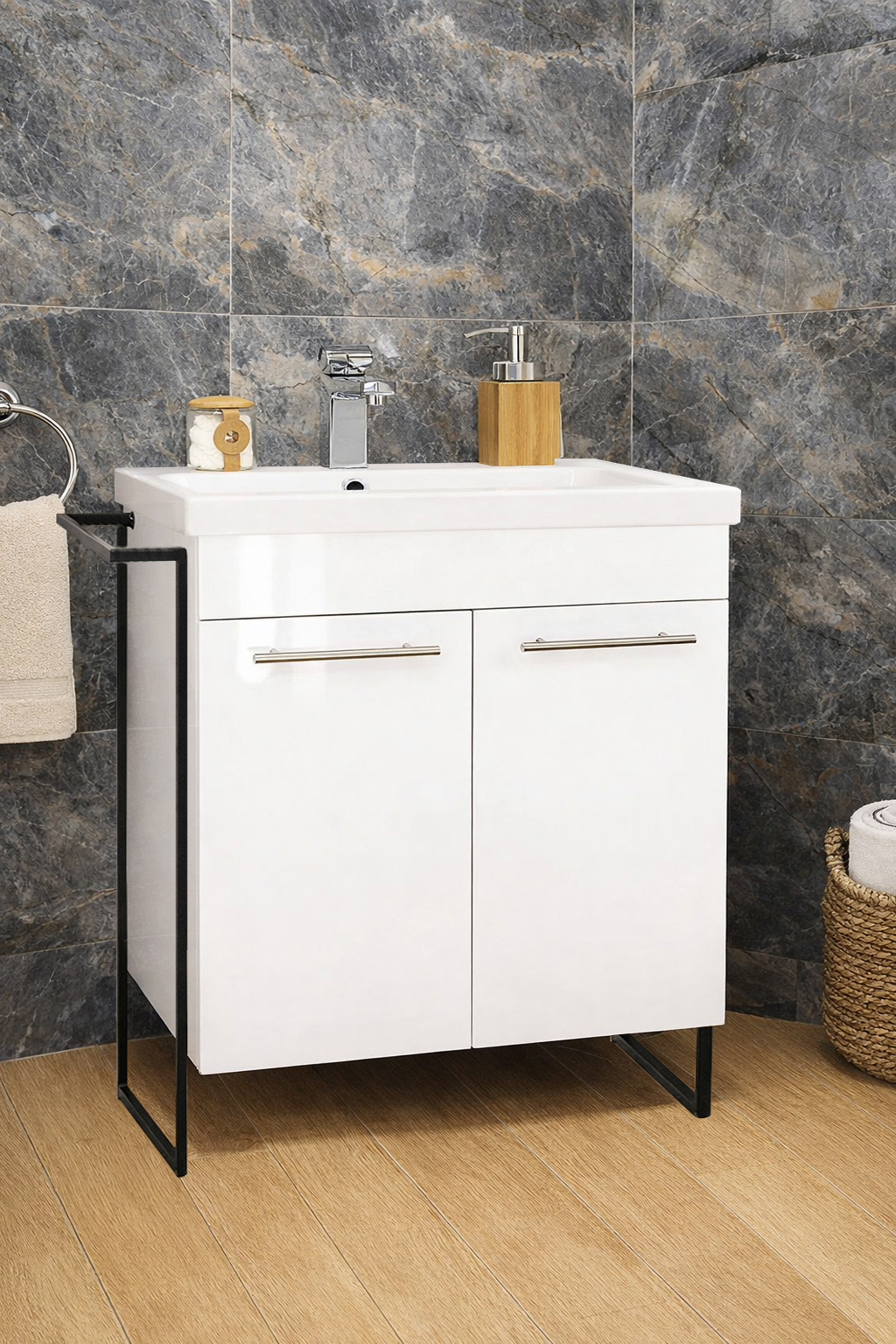 Mobilier Baie MDF și lavoar, Seria 754, Cadru Metalic, 65cm, Alb