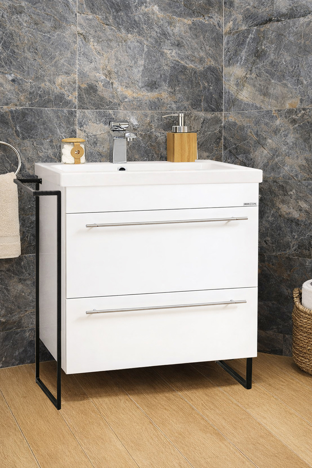 Mobilier Baie MDF și lavoar, Seria 754, Cadru Metalic, Sertare, 70cm, Alb