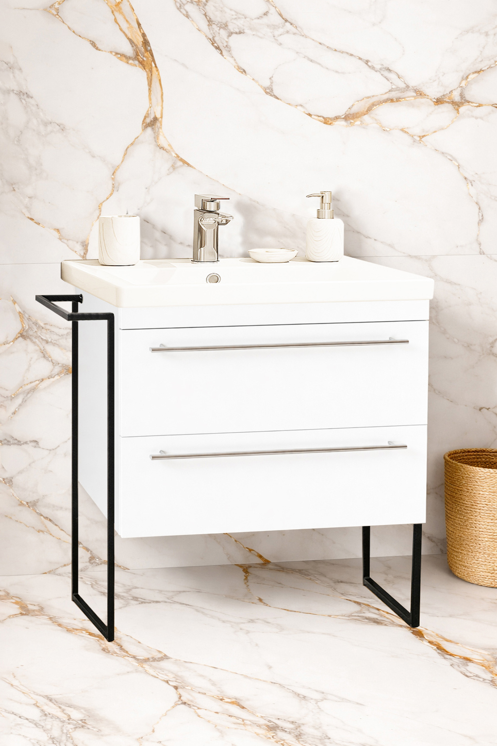 Mobilier Baie MDF și lavoar, Seria 754, Cadru Metalic, cu Sertare, 70cm, Alb