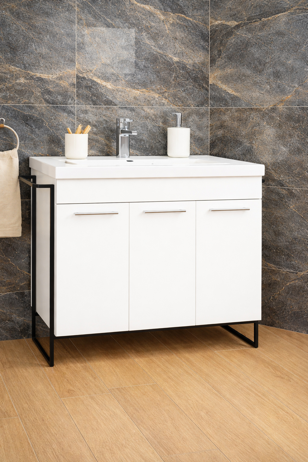 Mobilier Baie MDF și lavoar, Seria 754, Cadru Metalic, 100cm, Alb