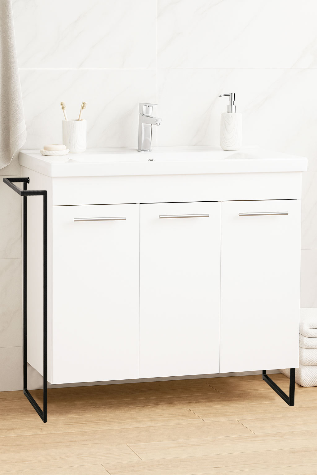 Mobilier Baie MDF Kit și lavoar, Seria 754, Cadru Metalic, 80cm, Alb