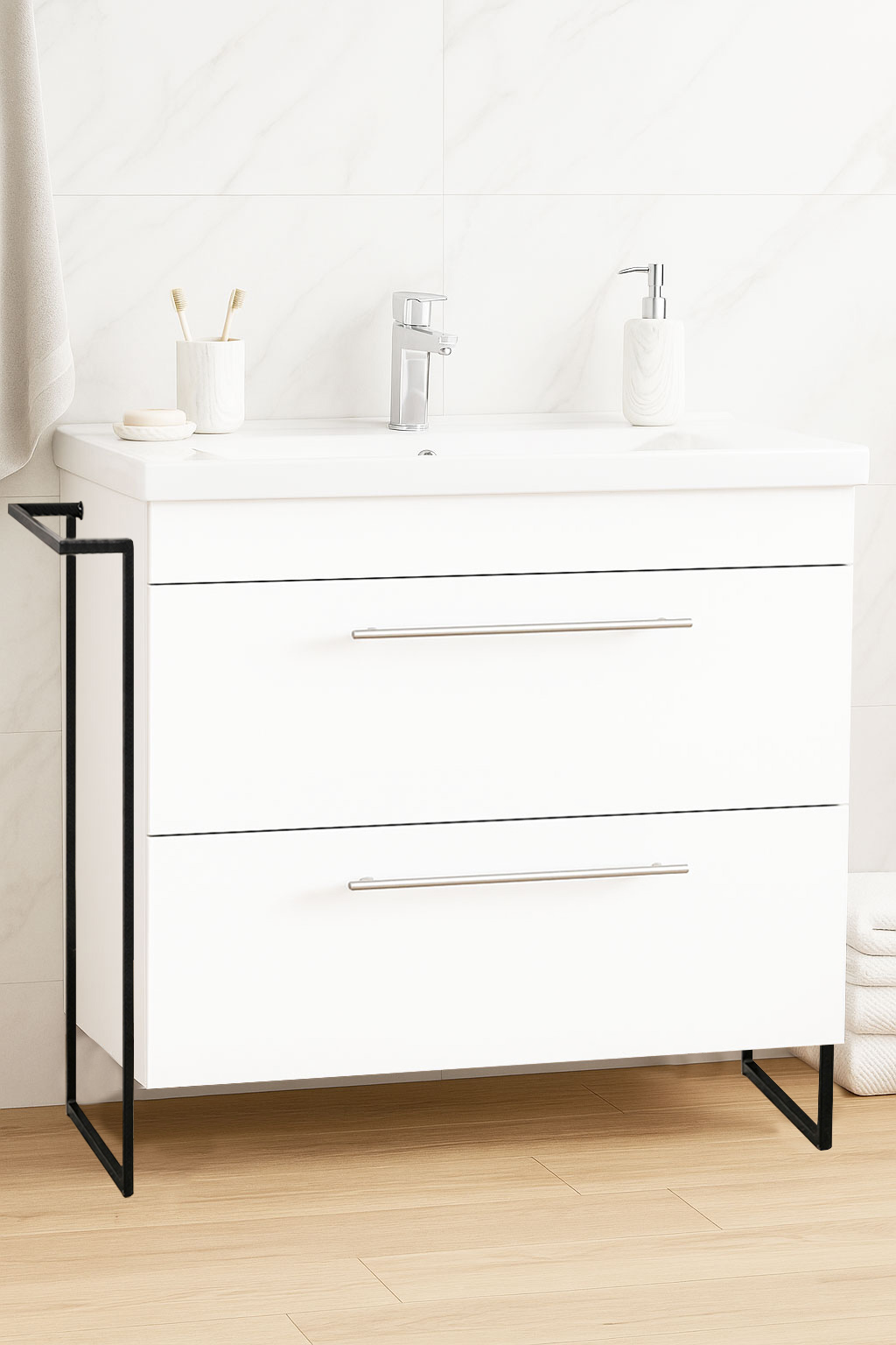 Mobilier Baie MDF Kit și lavoar, Seria 754, Cadru Metalic, Sertare, 80cm, Alb