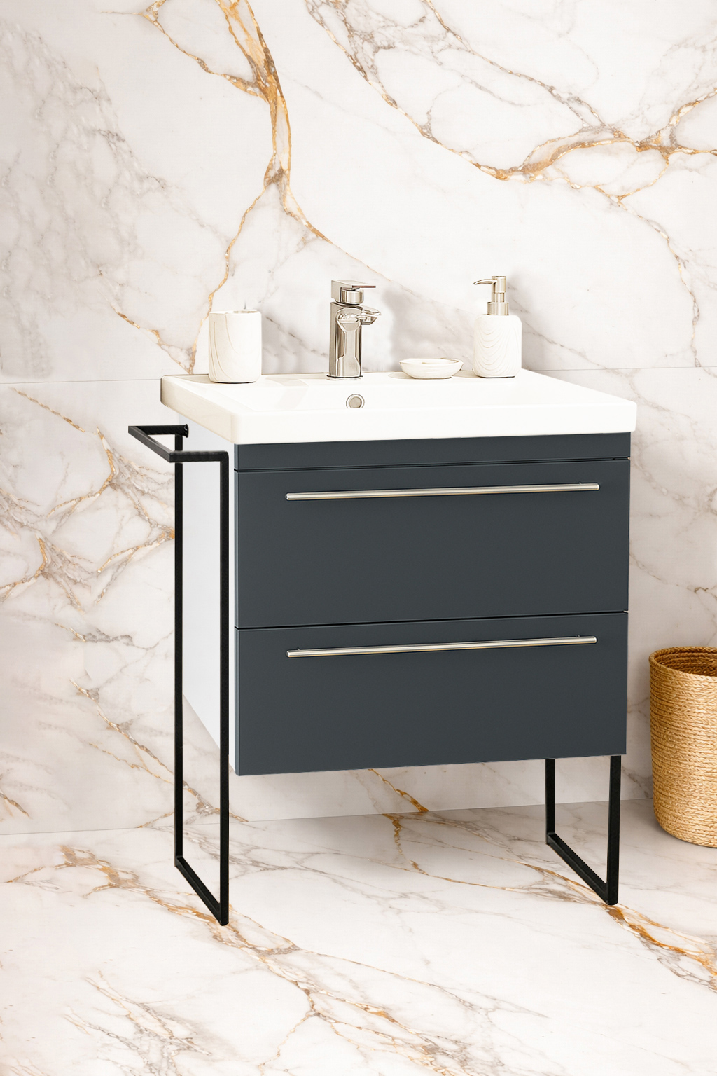 Mobilier Baie MDF Kit și lavoar, Seria 766, Cadru Metalic, cu Sertare, 60cm, Antracit