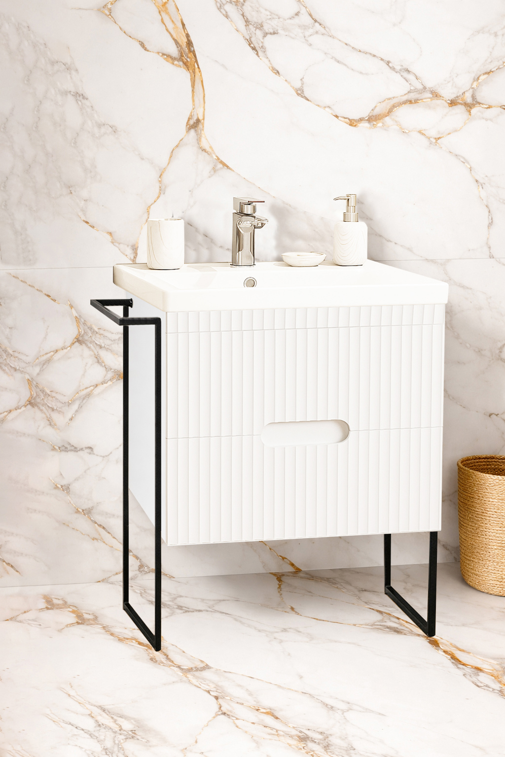 Mobilier Baie MDF Kit și lavoar, Seria 709, Cadru metalic, cu Sertare, 60cm, Alb