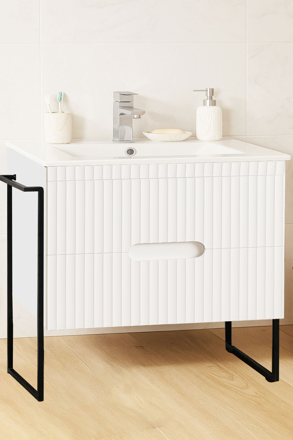 Mobilier Baie MDF Kit și lavoar, Seria 009, Cadru metalic, cu Sertare, 80cm, Alb