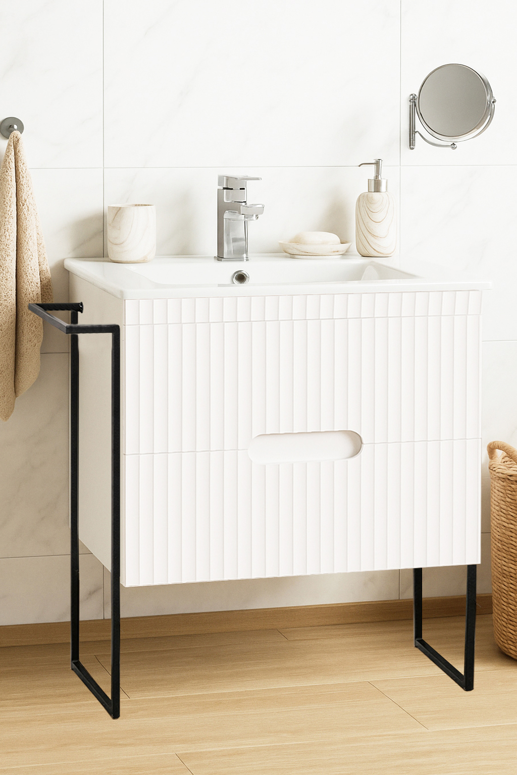 Mobilier Baie MDF Kit și lavoar, Seria 009, Cadru metalic, cu Sertare, 70cm, Alb