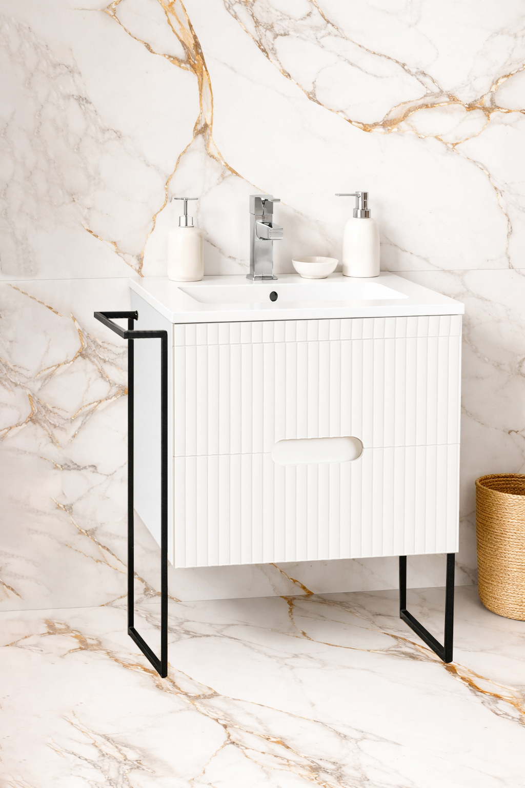 Mobilier Baie MDF Kit și lavoar, Seria 009, Cadru metalic, cu Sertare, 60cm, Alb