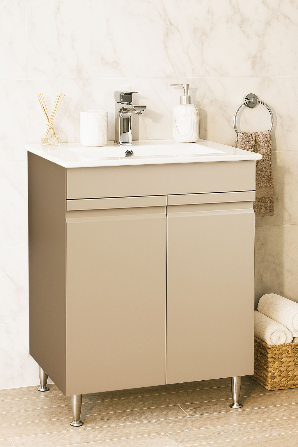 Mobilier Baie MDF și lavoar, Seria 086, 60cm, Cappuccino