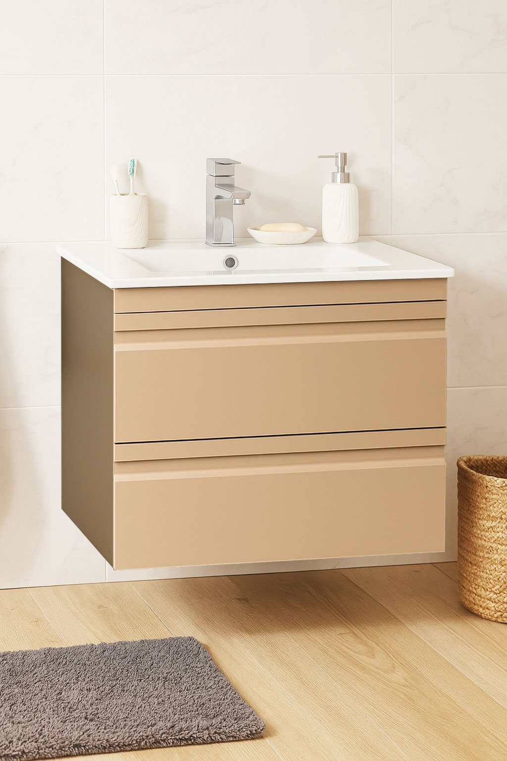 Mobilier Baie MDF și lavoar, Seria 086, Suspendat, Sertare, 60cm, Cappuccino