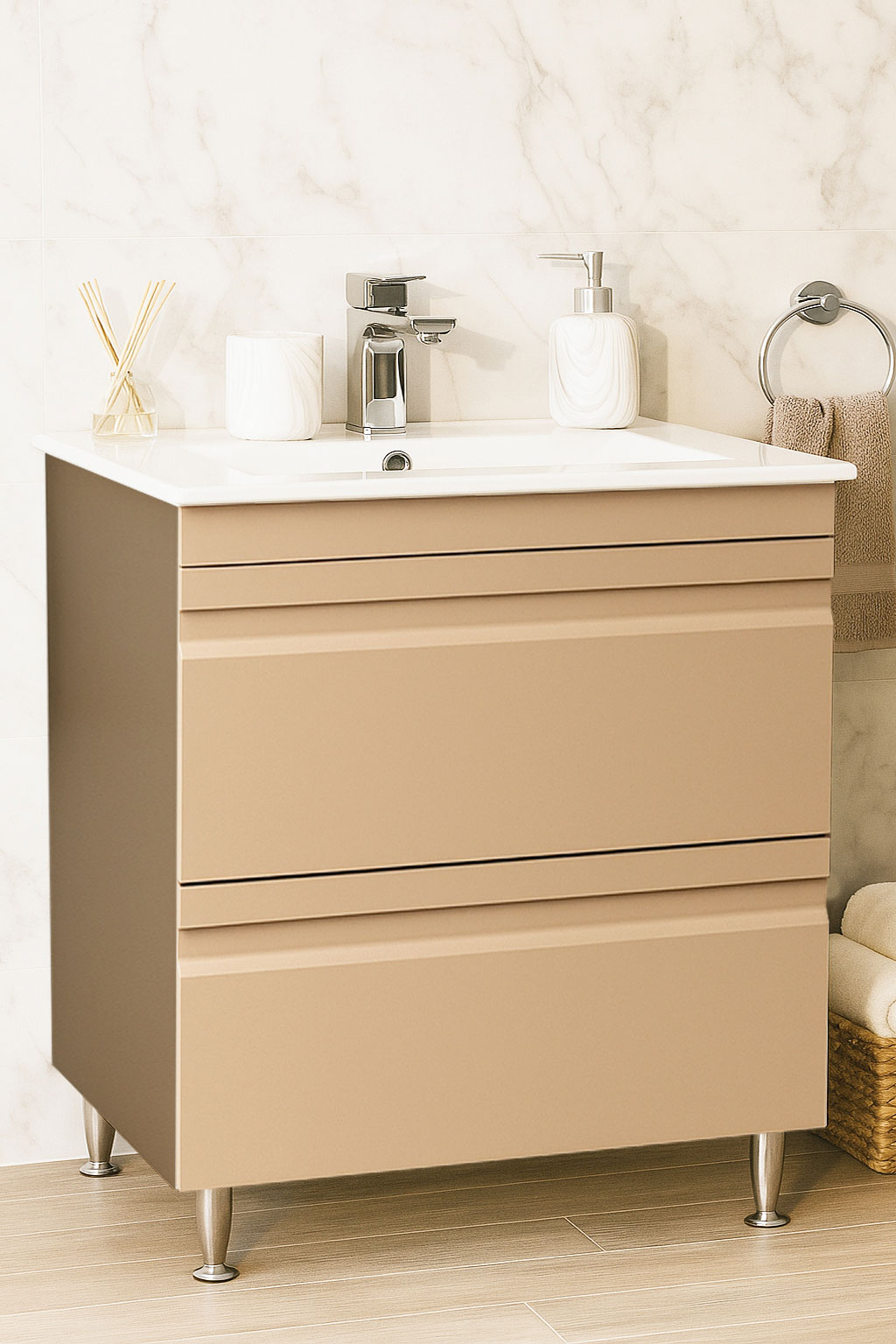 Mobilier Baie MDF și lavoar, Seria 086, Sertare, 70cm, Cappuccino