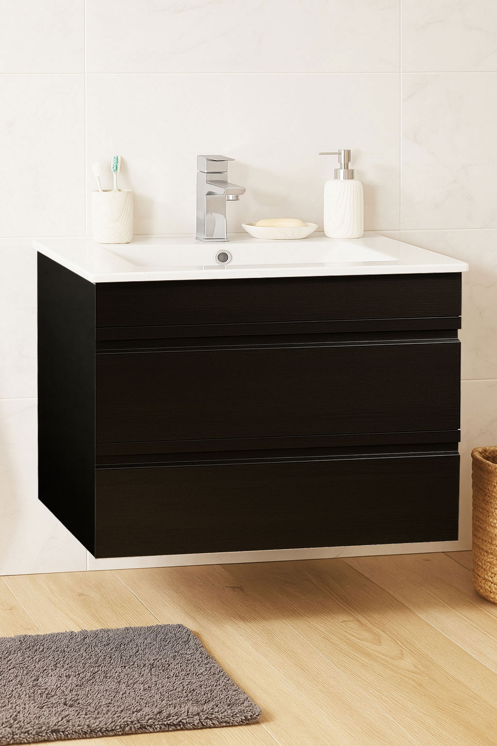 Mobilier Baie MDF și lavoar, Seria 086, Suspendat, Sertare, 70cm, Negru