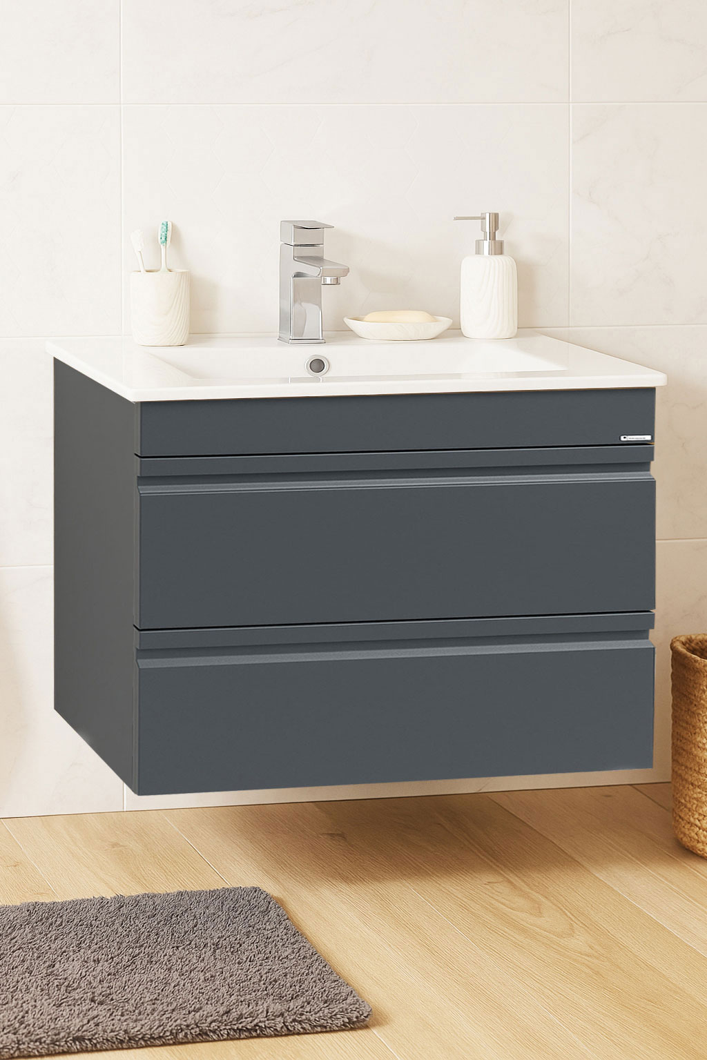 Mobilier Baie MDF și lavoar, Seria 086, Suspendat, Sertare, 70cm, Antracit