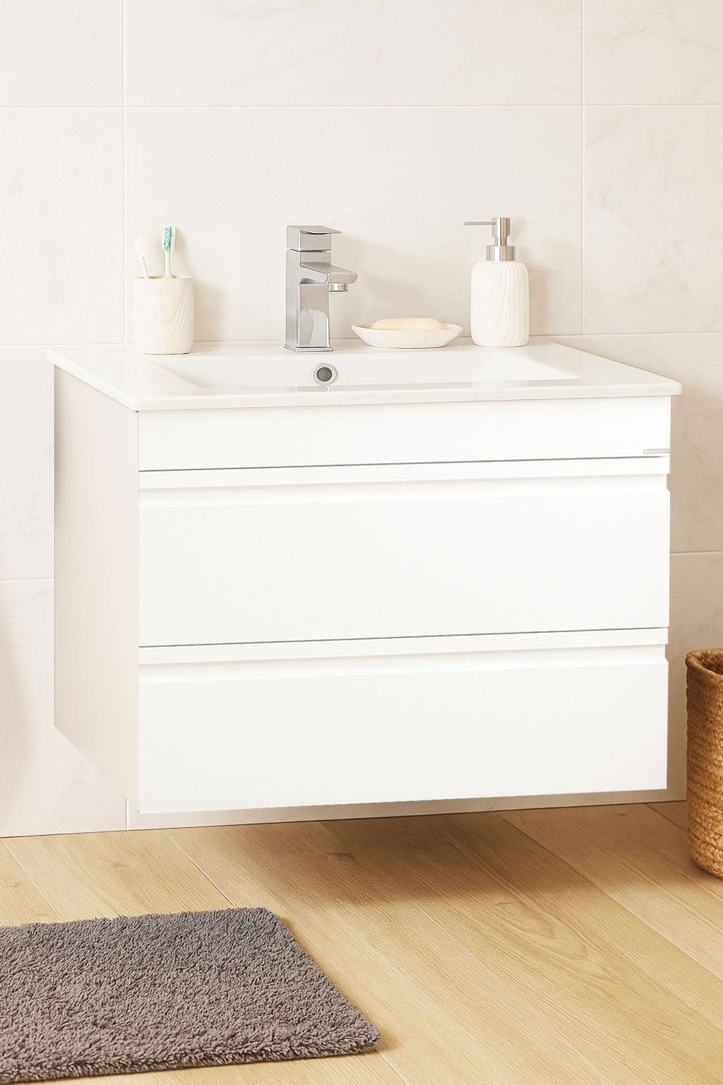 Mobilier Baie MDF și lavoar, Seria 086, Suspendat, Sertare, 70cm, Alb