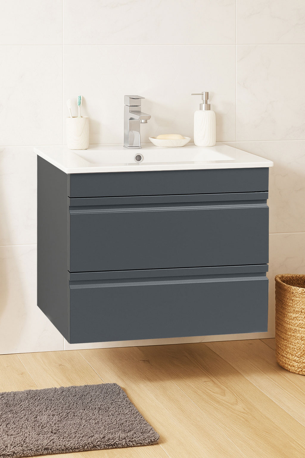 Mobilier Baie MDF și lavoar, Seria 086, Suspendat, Sertare, 60cm, Antracit