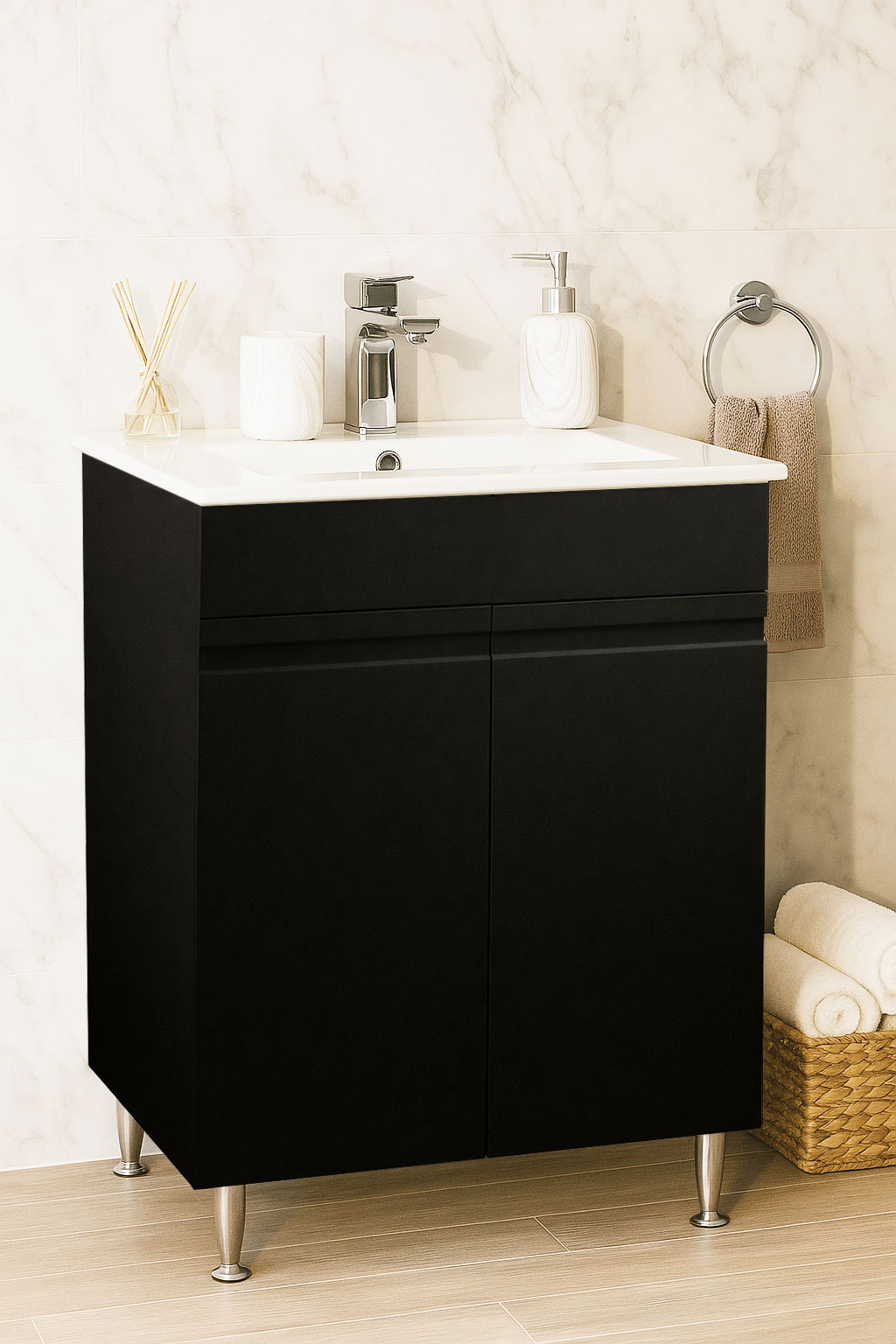 Mobilier Baie MDF și lavoar, Seria 086, 60cm, Negru