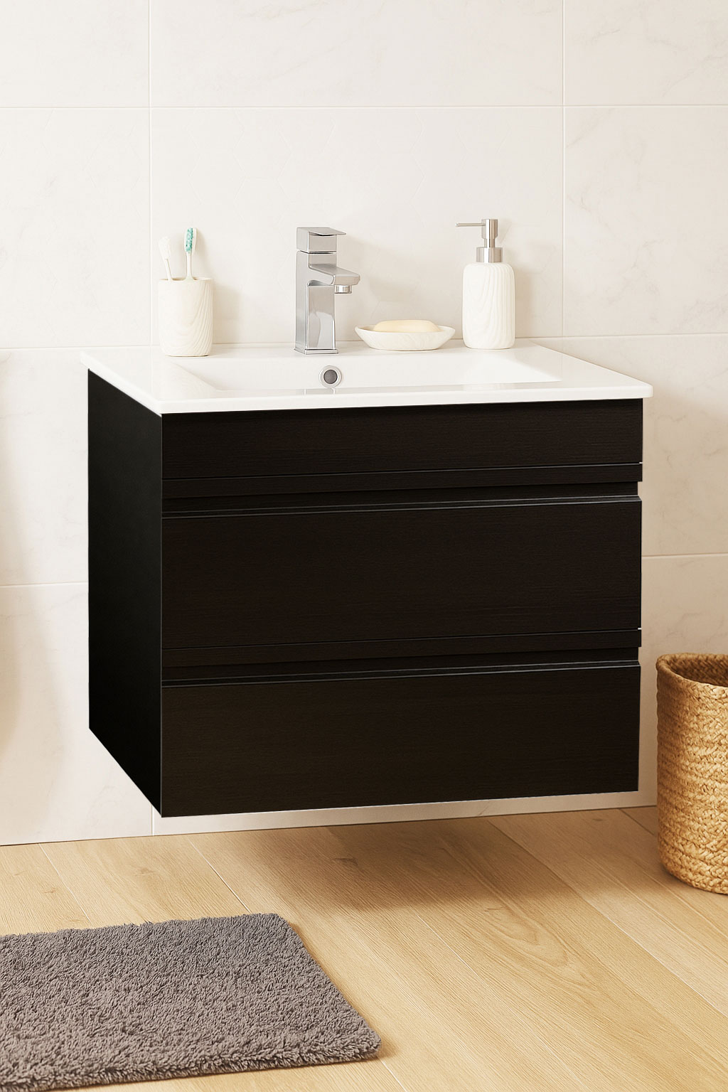 Mobilier Baie MDF și lavoar, Seria 086, Suspendat, Sertare, 60cm, Negru