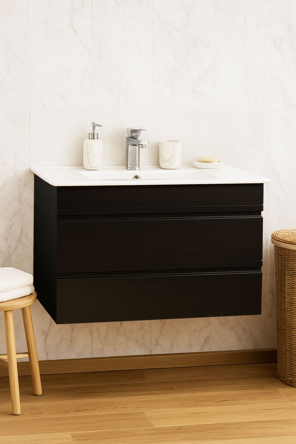Mobilier Baie MDF și lavoar, Seria 086, Suspendat, Sertare, 80cm, Negru