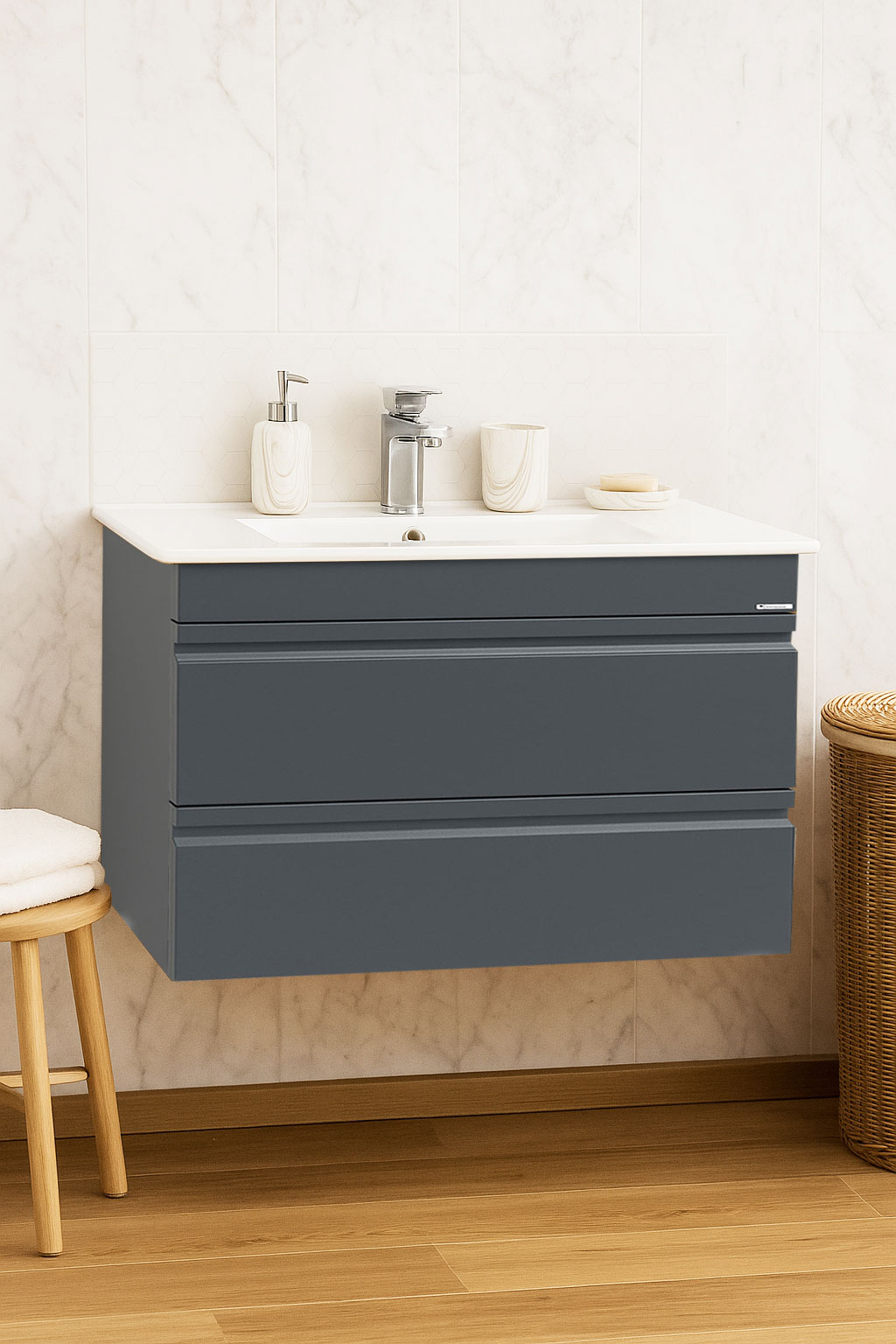 Mobilier Baie MDF și lavoar, Seria 086, Suspendat, Sertare, 80cm, Antracit