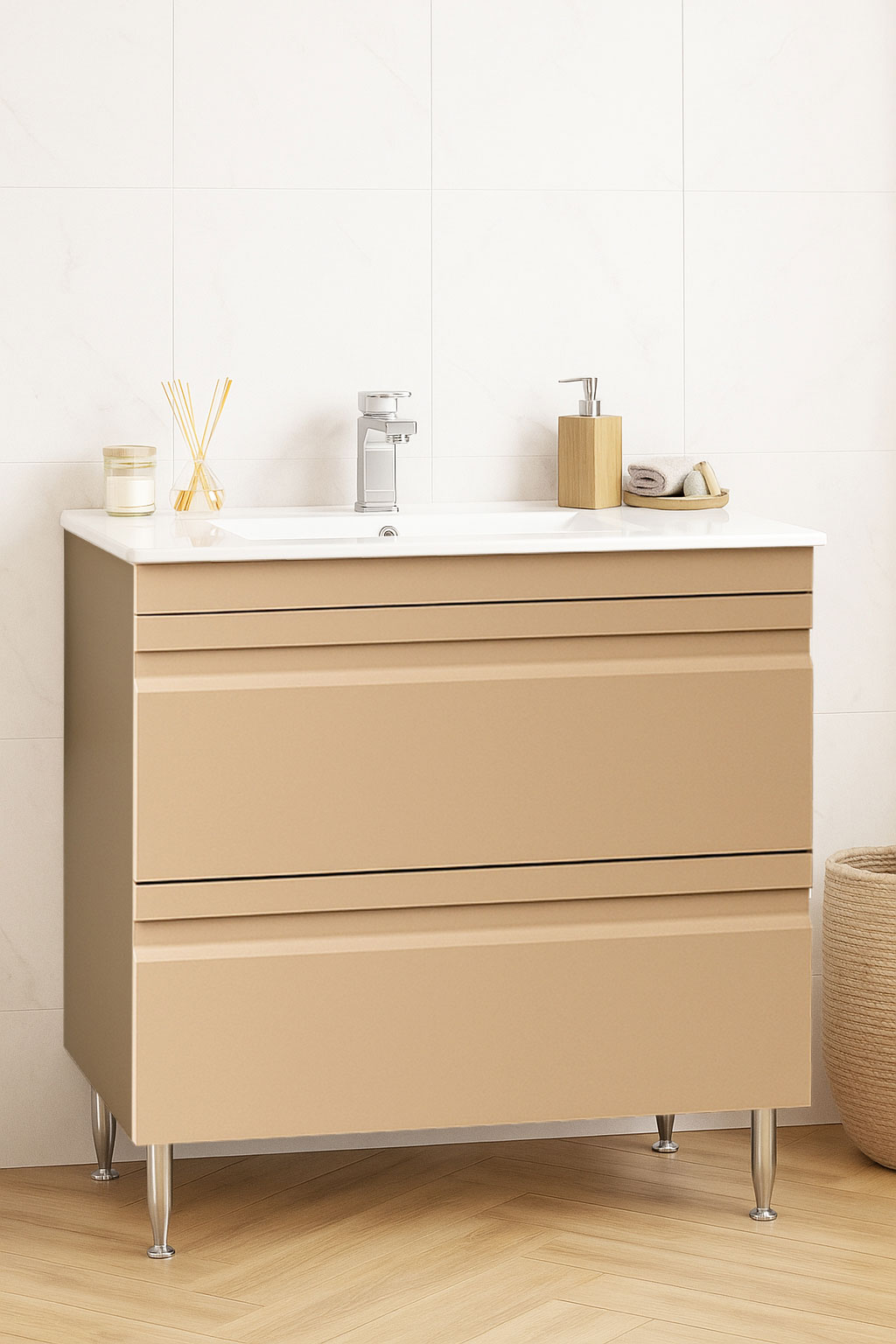 Mobilier Baie MDF și lavoar, Seria 086, Sertare, 80cm, Cappuccino