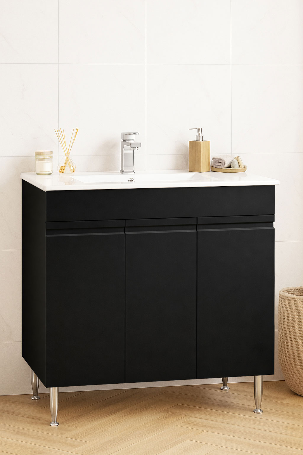 Mobilier Baie MDF și lavoar, Seria 086, 80cm, Negru