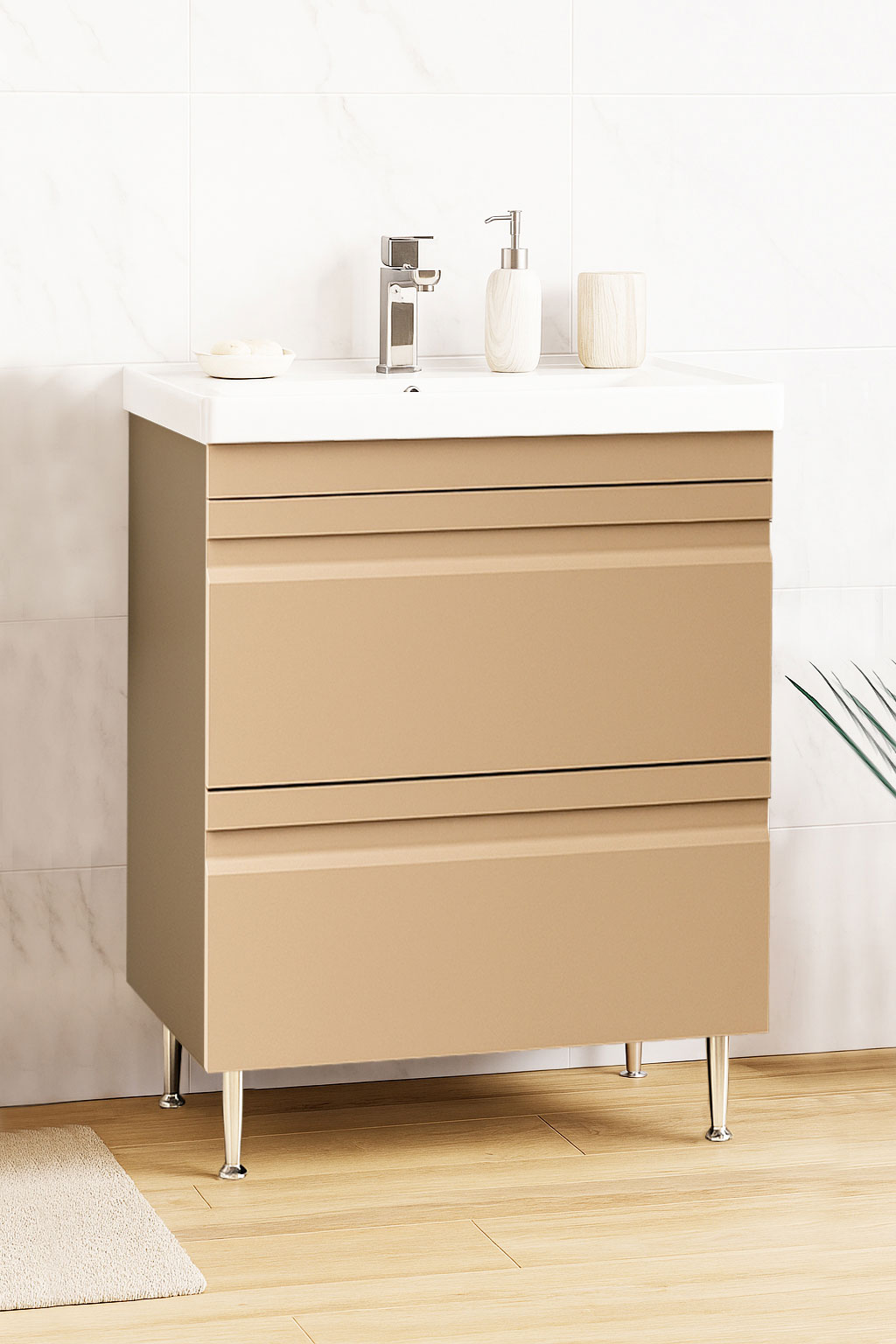 Mobilier Baie MDF și lavoar, Seria 786, Sertare, 60cm, Cappuccino