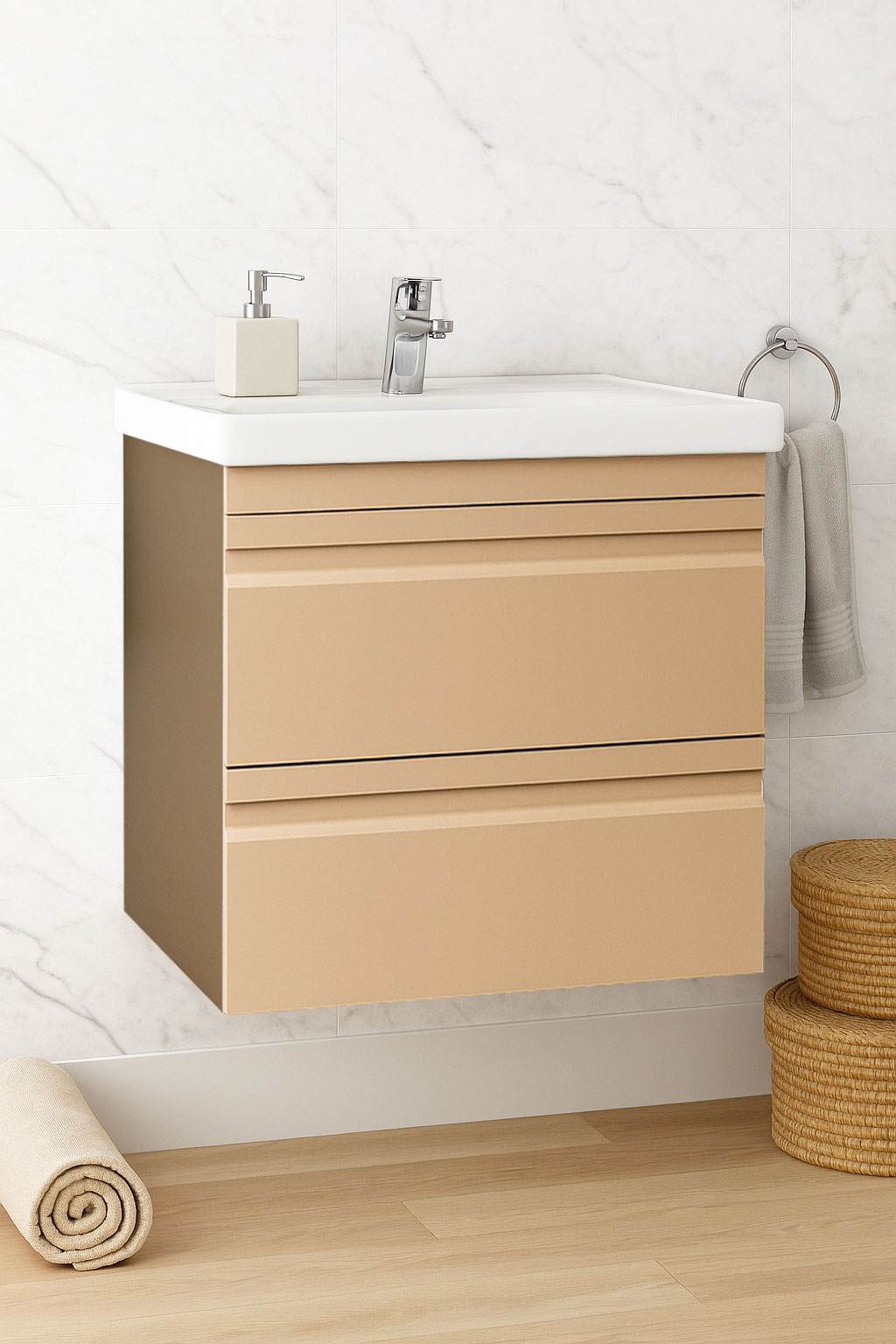 Mobilier Baie MDF și lavoar, Seria 786, Suspendat, Sertare, 60cm, Cappuccino