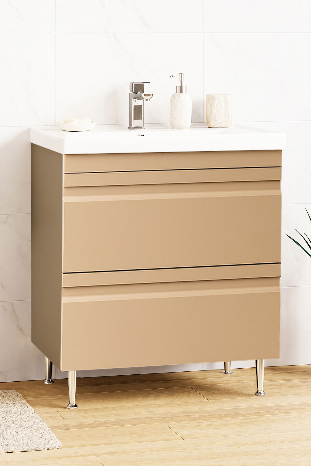 Mobilier Baie MDF și lavoar, Seria 786, Sertare, 70cm, Cappuccino