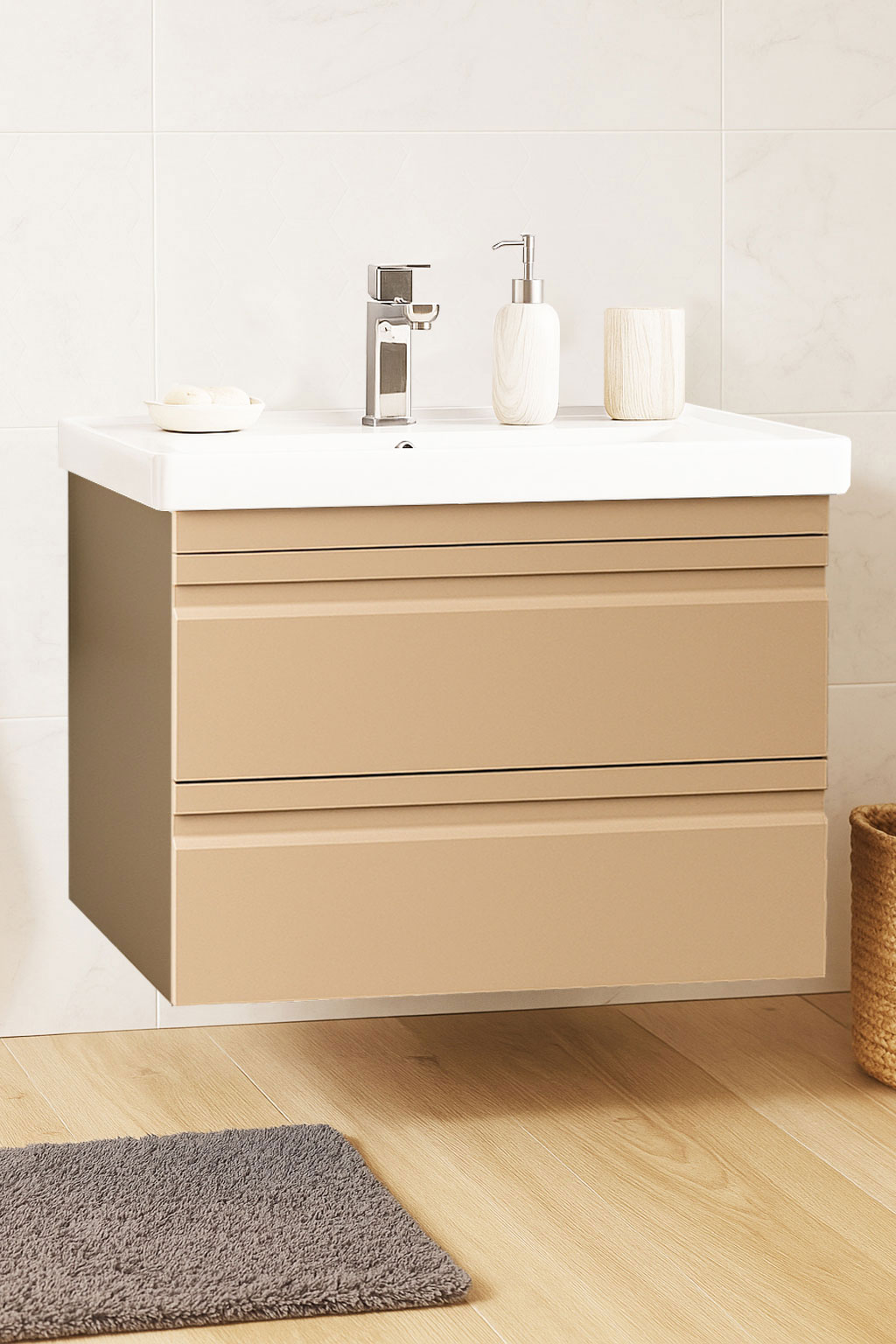 Mobilier Baie MDF și lavoar, Seria 786, Suspendat, Sertare, 70cm, Cappuccino