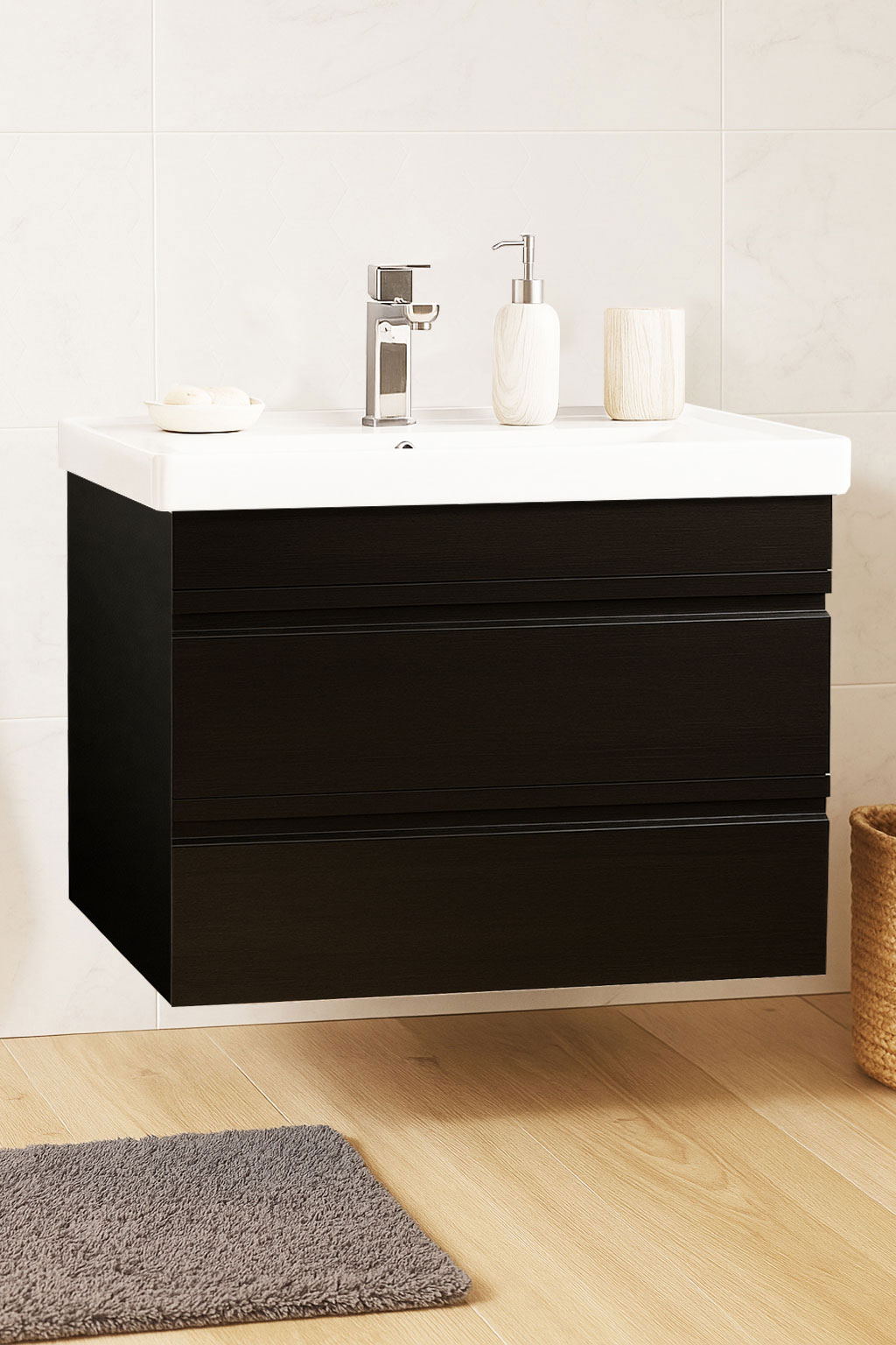 Mobilier Baie MDF și lavoar, Seria 786, Suspendat, Sertare, 70cm, Negru
