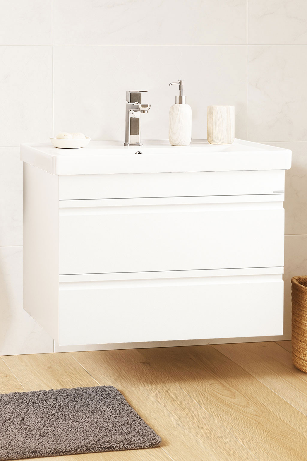 Mobilier Baie MDF și lavoar, Seria 786, Suspendat, Sertare, 70cm, Alb